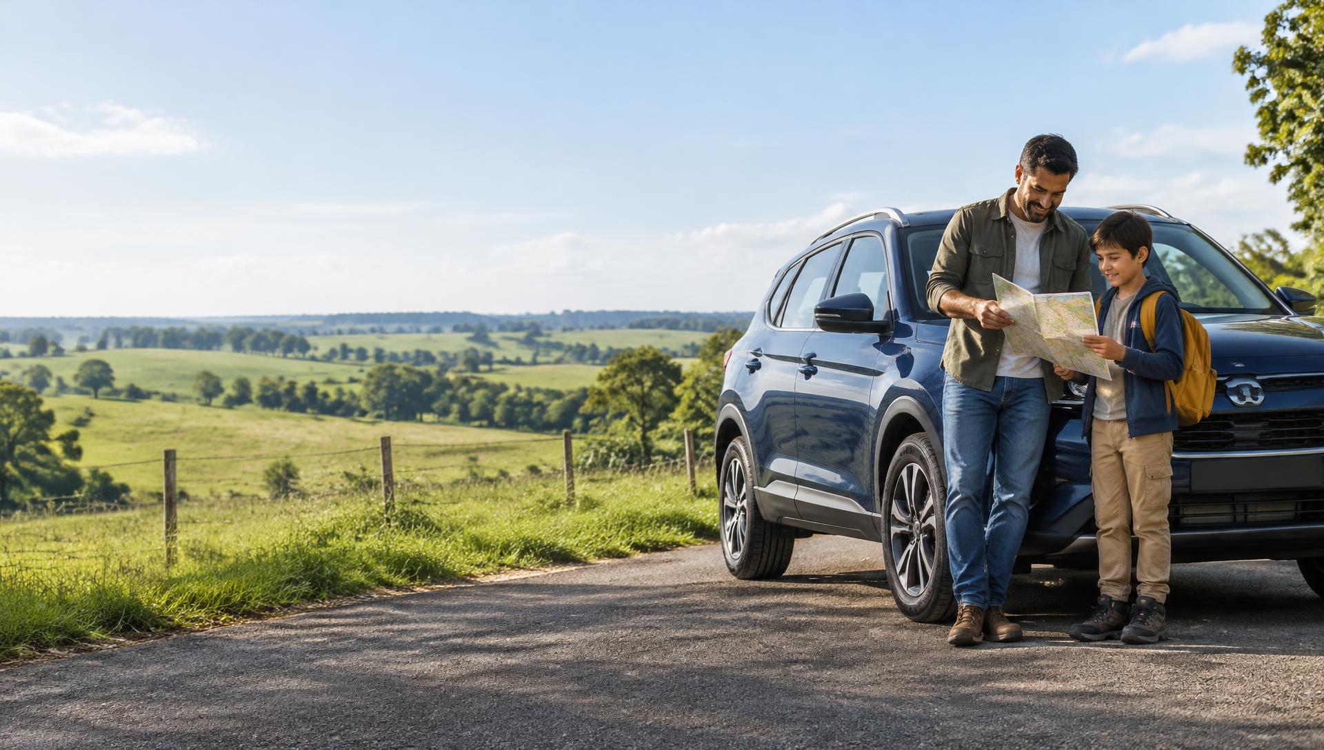 Pai e filho consultando um mapa ao lado de um carro azul no campo